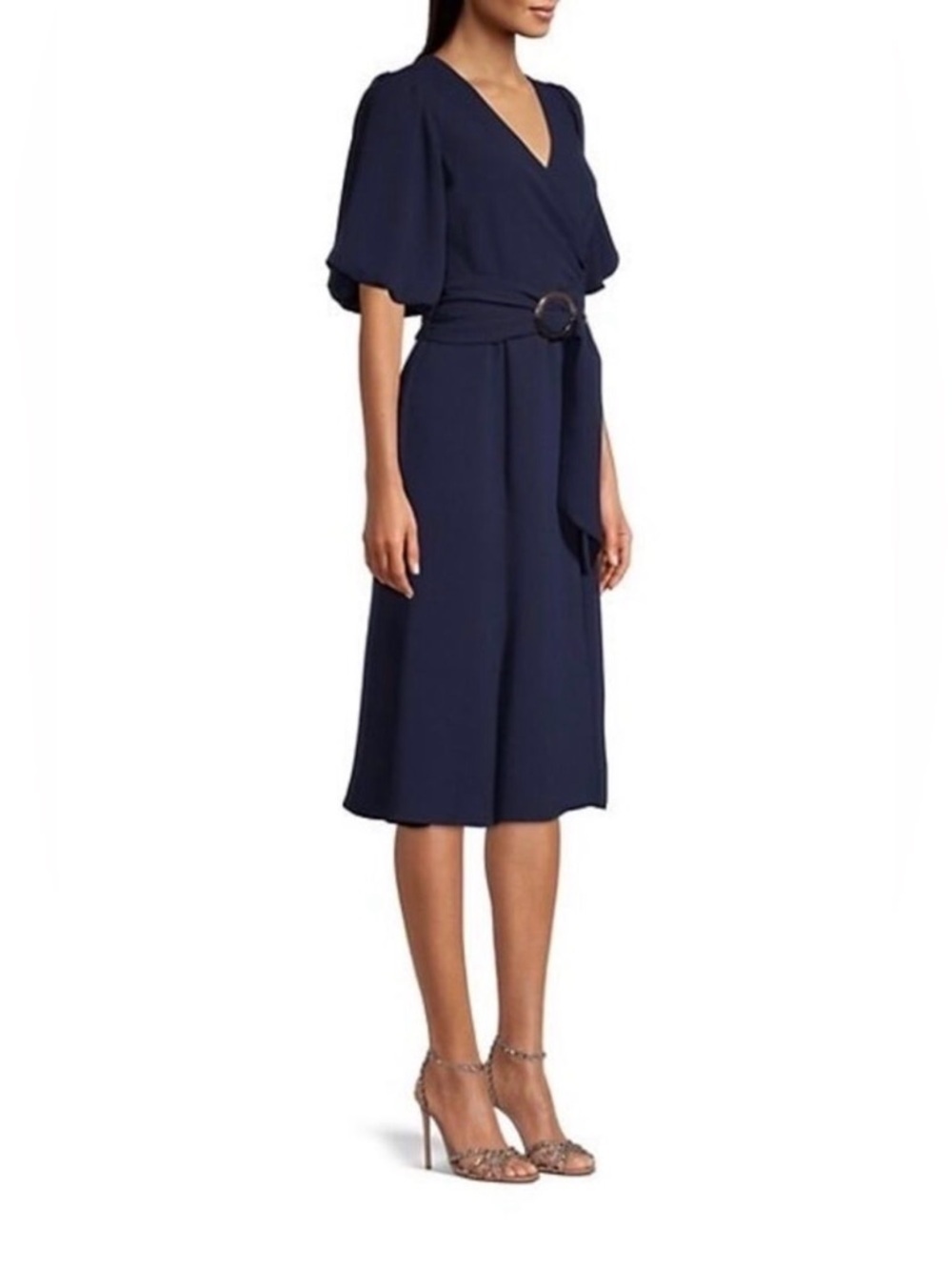 Shoshanna Esmeralda Puff-Sleeve Midi Wrap Dress Belted size 6 Navy